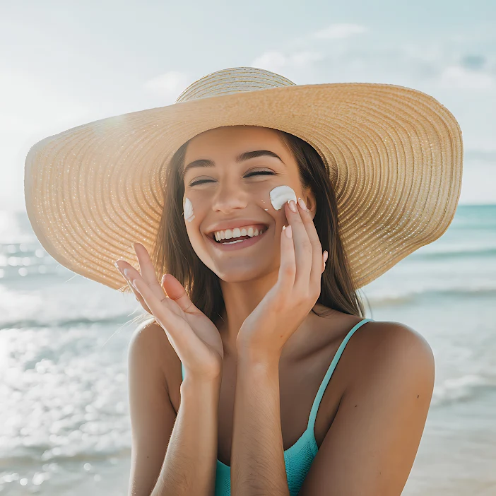 muher na praia passando protetor solar facial