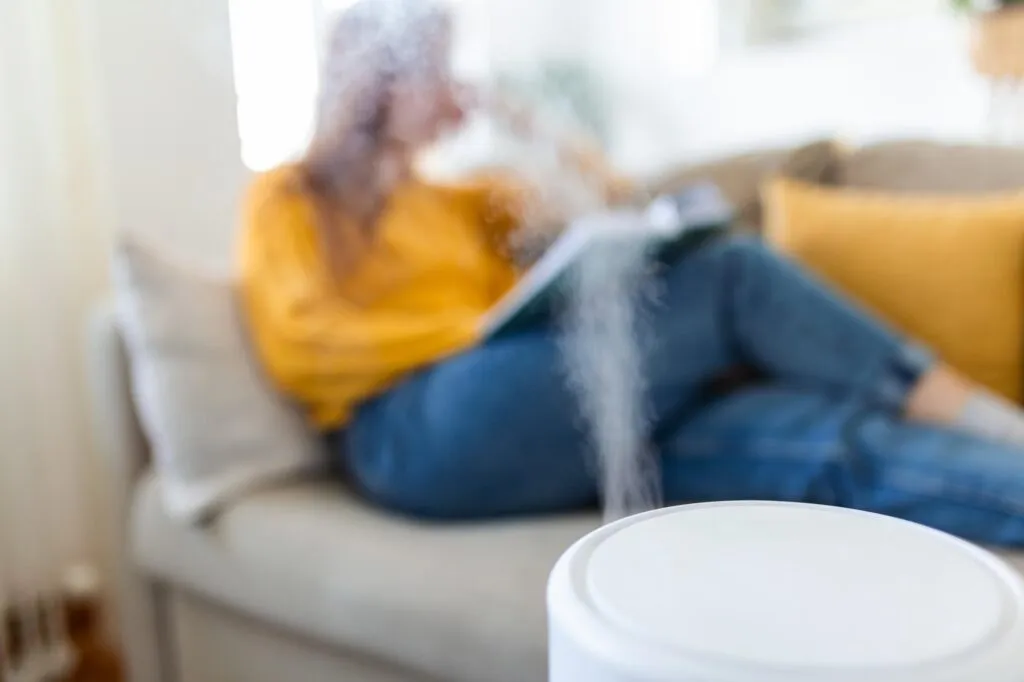 air purifier cozy white living room filter cleaning removing dust pm25 hepa home with woman reading book sofafor fresh air healthy lifeair pollution concept