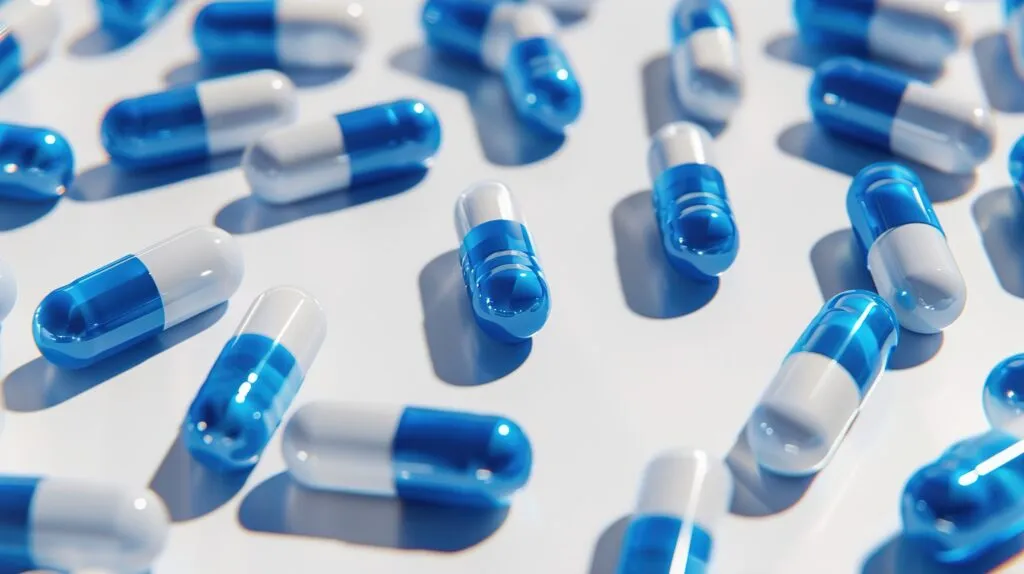 bunch blue white pills are table